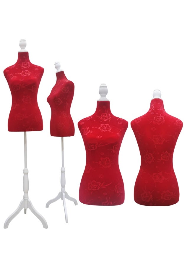 أورتوك عارضة ملابس نسائية قابلة للتعديل – جذع من المخمل الأحمر المزخرف مع حامل ثلاثي أبيض، ارتفاع قابل للتعديل 178 سم، للخيّاطة وتصميم الملابس وعرض المجوهرات - Image 1